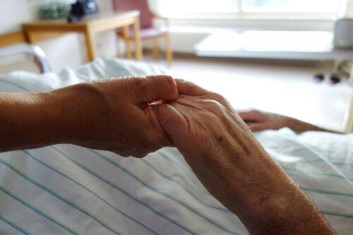 Carer hands holding frail palliative care care home nursing