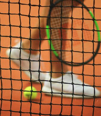 Tennis player legs behind net