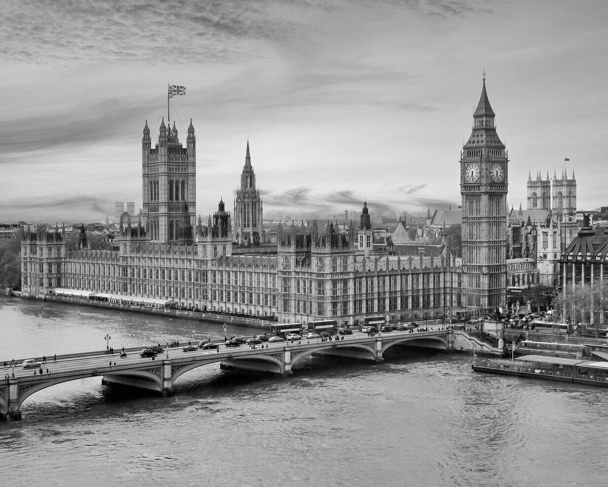 Black and white image of Westminster Parliament