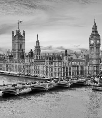 Black and white image of Westminster Parliament
