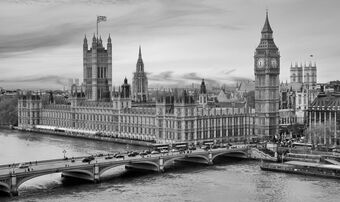 Black and white image of Westminster Parliament