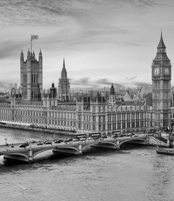 Black and white image of Westminster Parliament